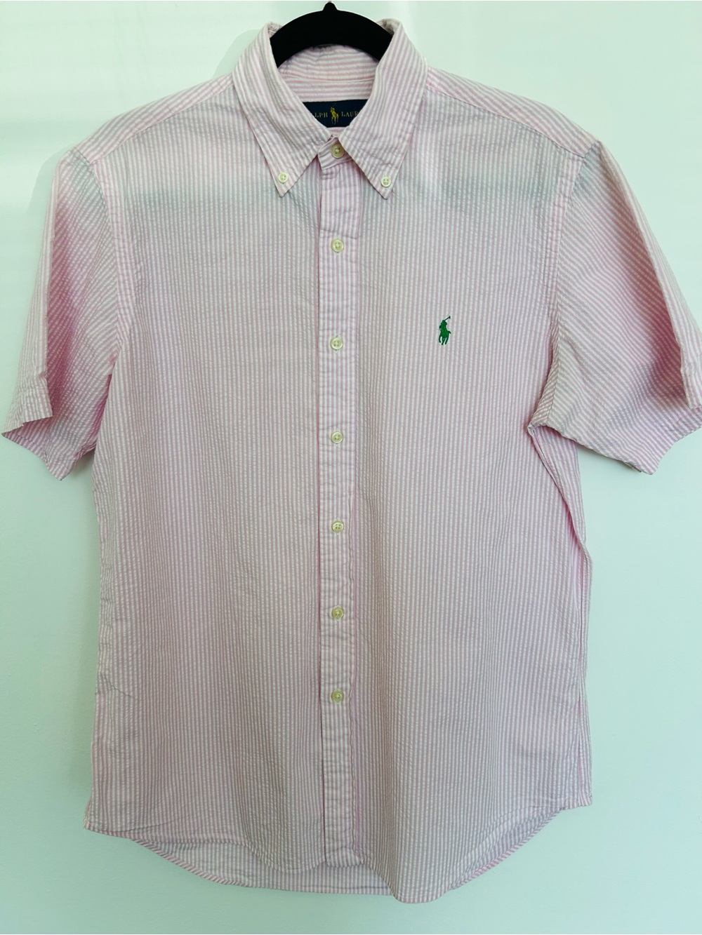 Ralph Lauren Men's Pink Striped Short-Sleeve Shirt Medium Preppy Coastal Summer
